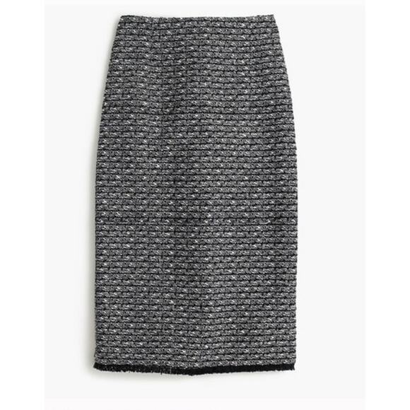 J CREW Pencil Skirt Tweed Black White Fringe Knee sz 10 Preppy Classic Office - Picture 2 of 13